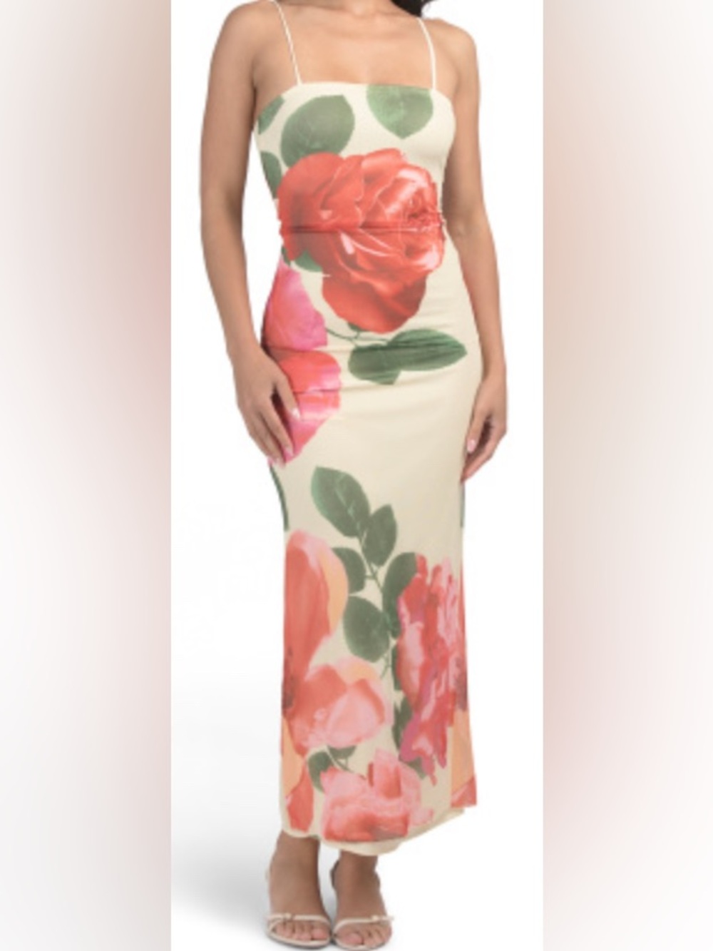 Cream Maxi floral Mesh Print Slip Dress - Pink and Red Floral: Size M